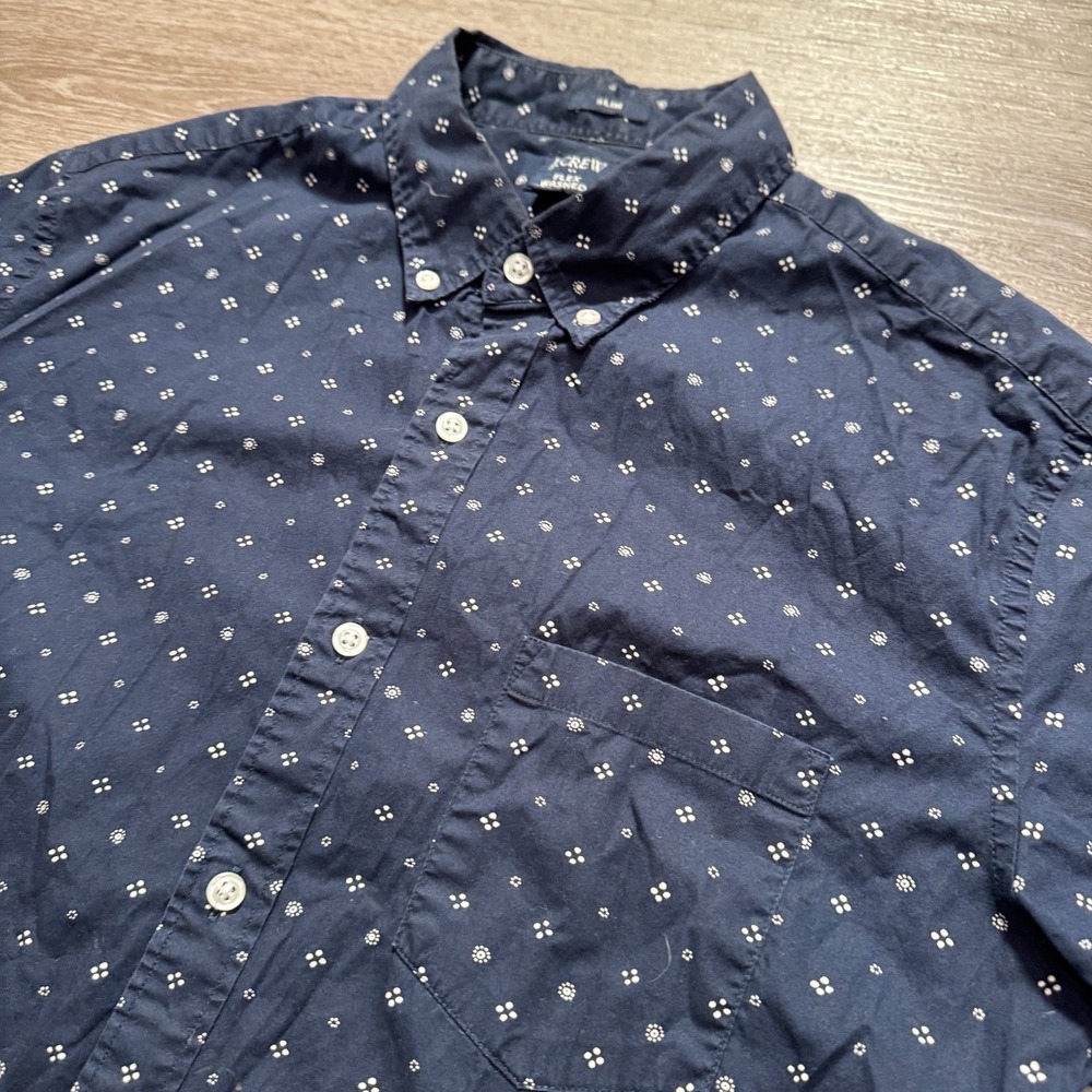 J Crew Shirt Mens Large Blue Geometric Cotton Flex Washed Slim Fit Short Sleeve